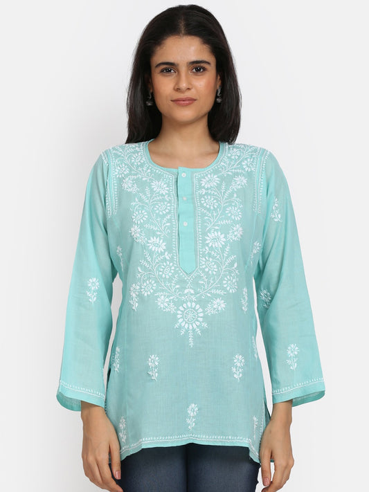 Women Hand Embroidered Chikankari Cotton Kurti-ALSTV115 Lightgreen