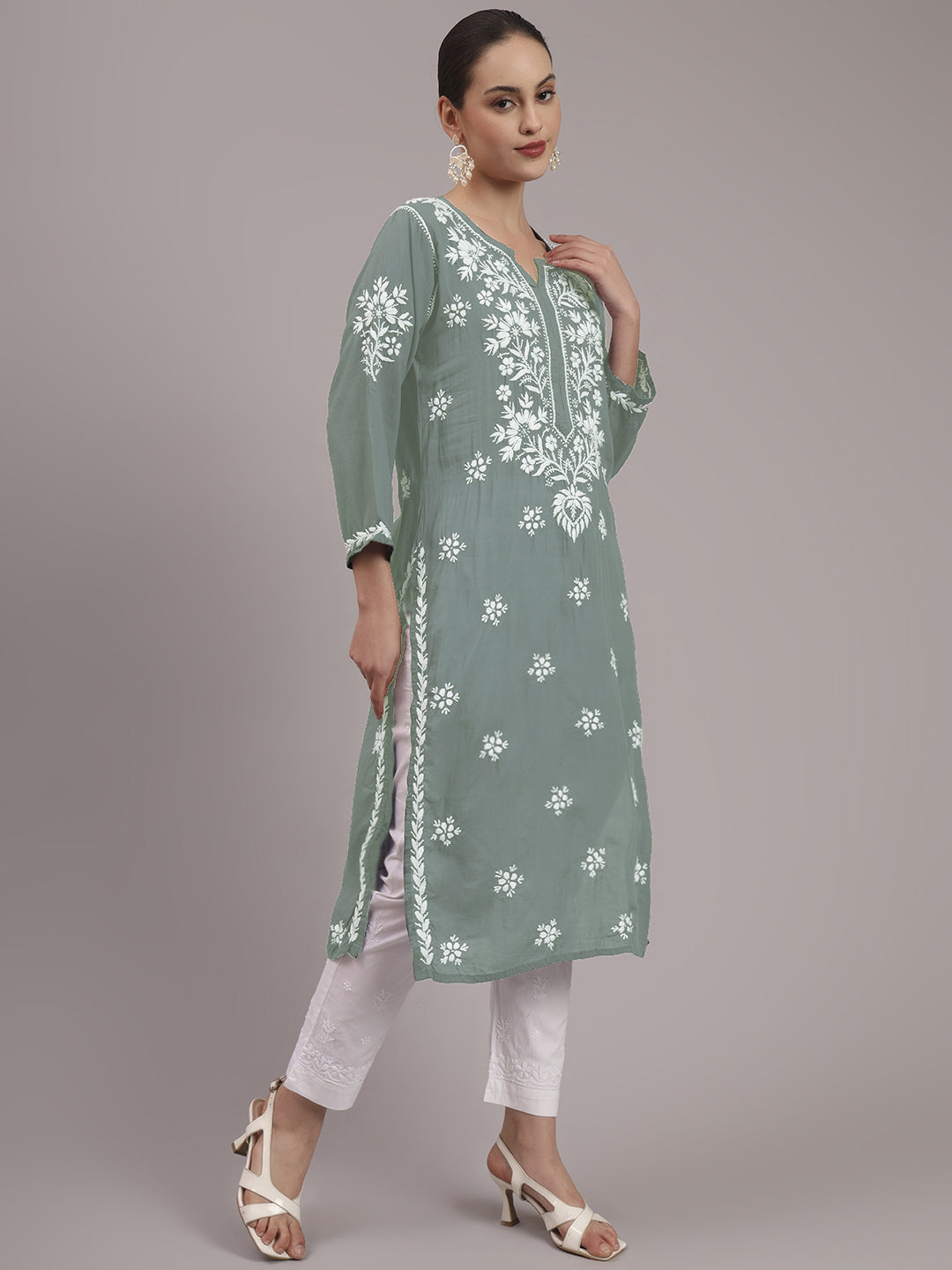 Women Hand Embroidered Chikankari Modal Kurta-AL4059 Light Grey