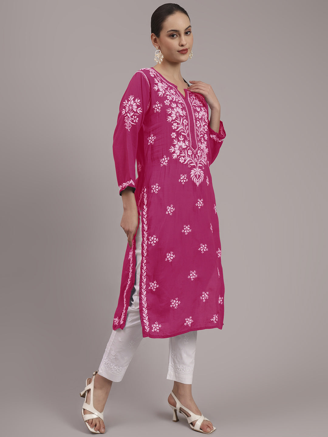 Women Hand Embroidered Chikankari Modal Kurta-AL4059 Magenta