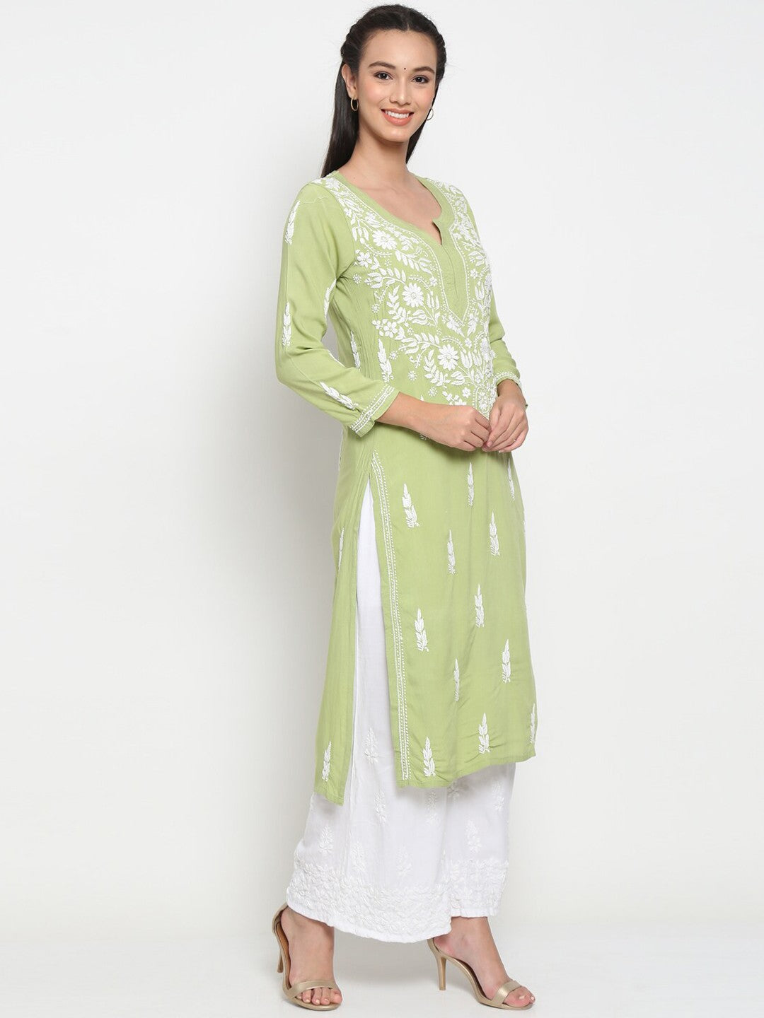 Hand Embroidered Chikankari Rayon Straight Kurta-AL3451 Green