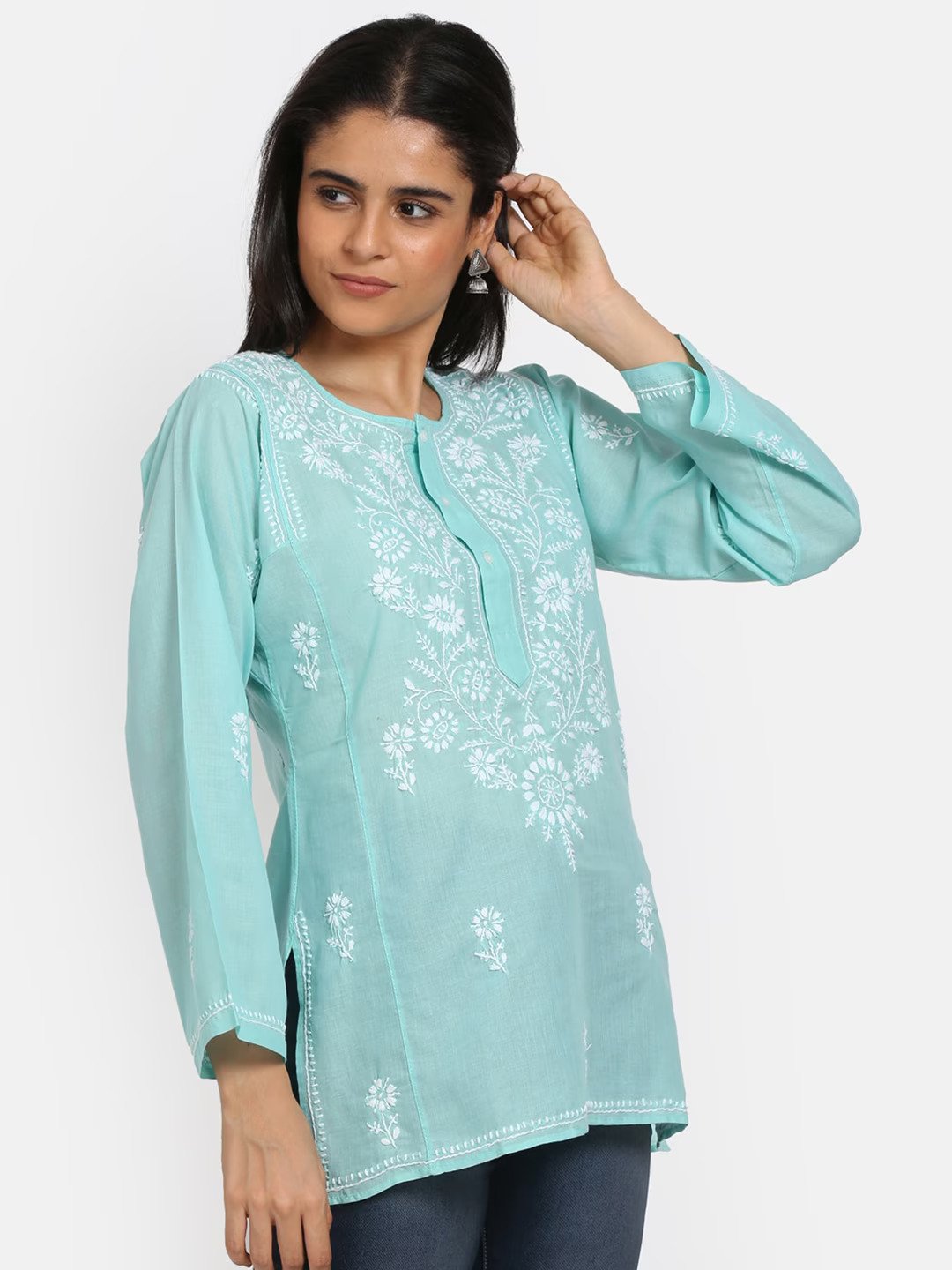 Women Hand Embroidered Chikankari Cotton Kurti-ALSTV115 Lightgreen