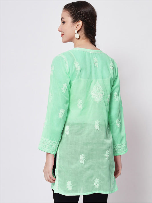 Hand Embroidered Chikankari Cotton Straight Short Kurti-AL3595 Green