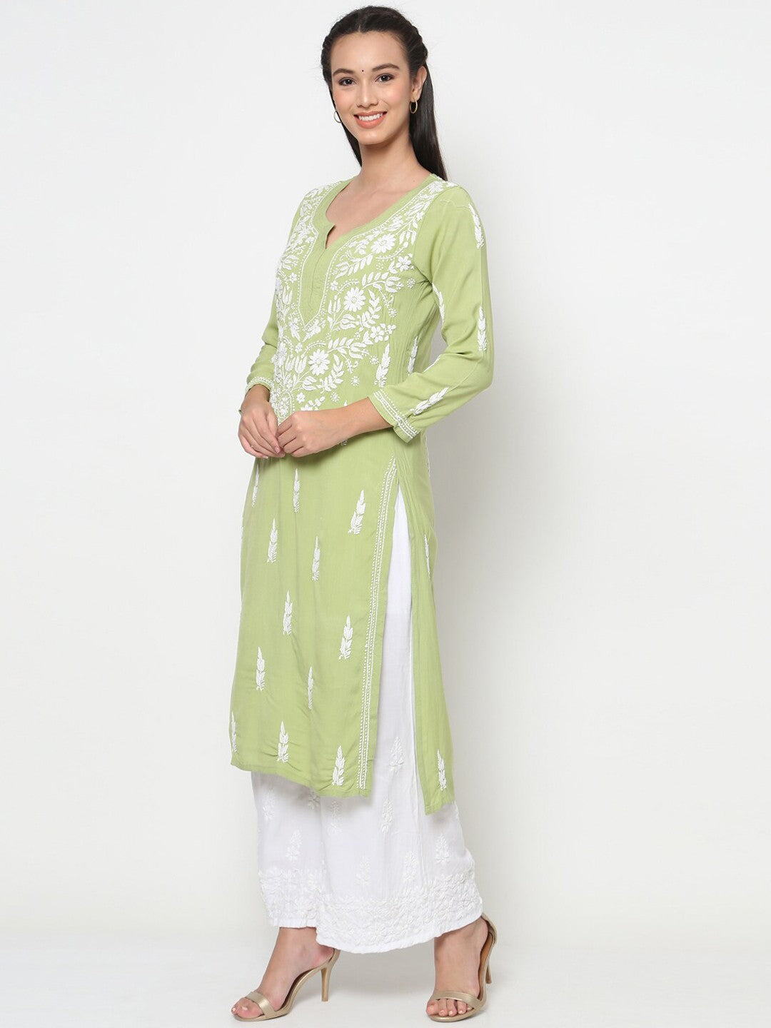 Hand Embroidered Chikankari Rayon Straight Kurta-AL3451 Green