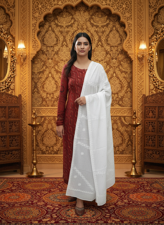 Women Hand Embroidered Mulmul Cotton Mukaish Dupatta-AL4095