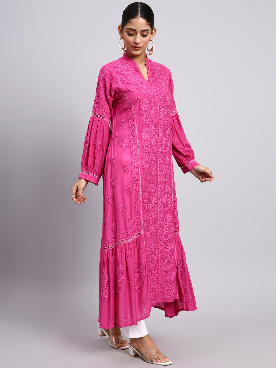 Hand Embroidered Chikankari Muslin Kurta-AL4100 Magenta