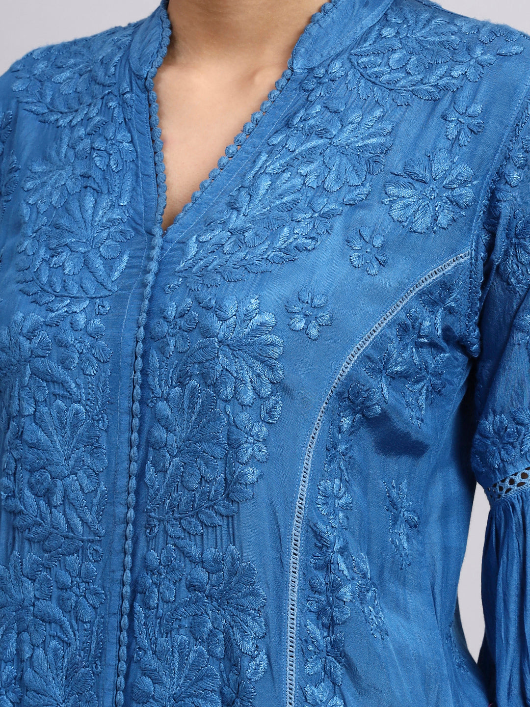 Hand Embroidered Chikankari Muslin Kurta-AL4100 Blue