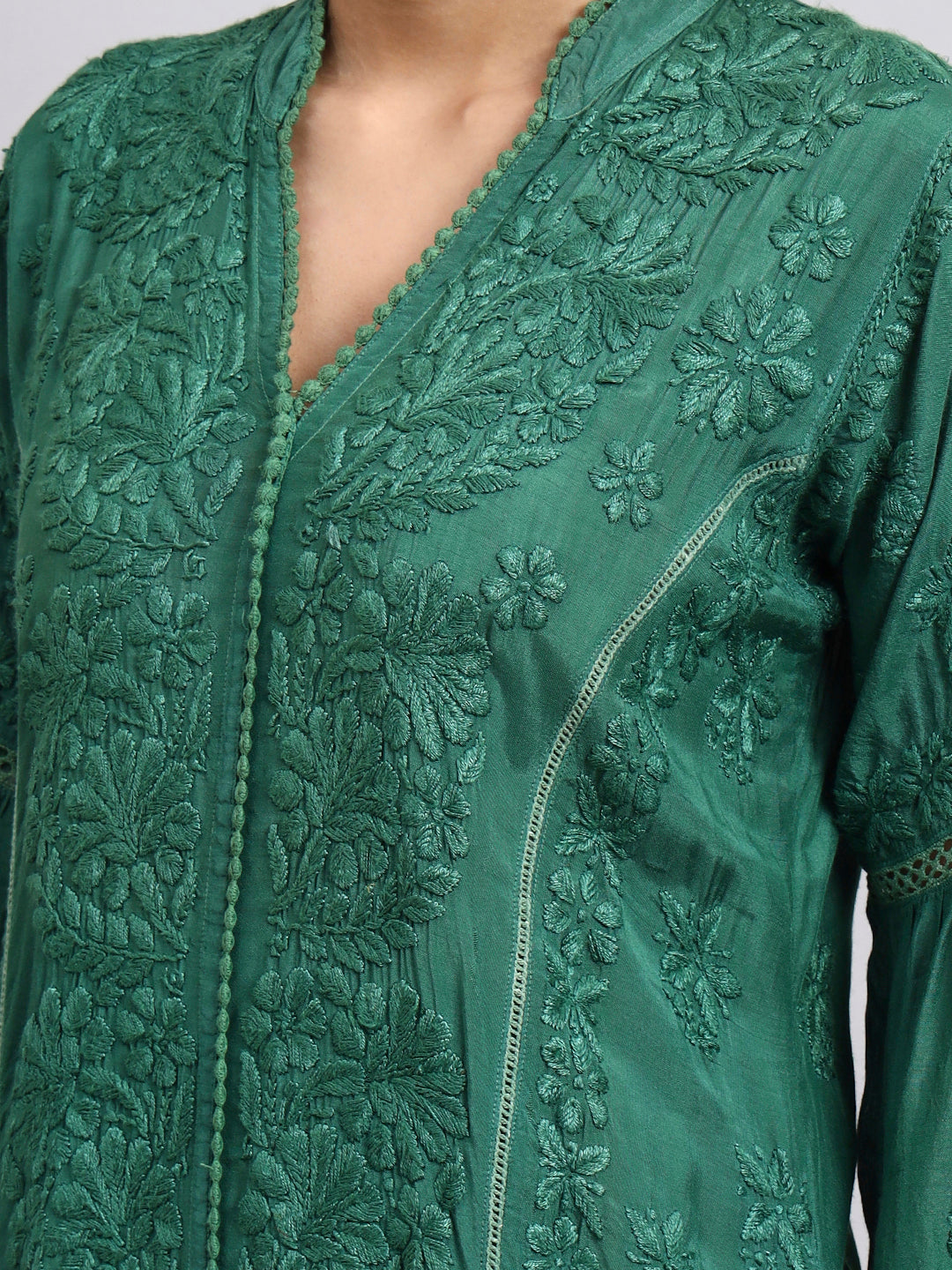 Hand Embroidered Chikankari Muslin Kurta-AL4100 Green