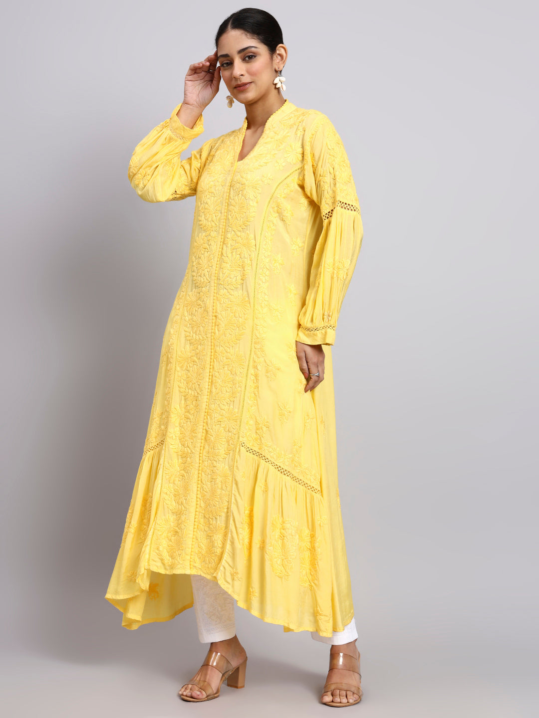 Hand Embroidered Chikankari Muslin Kurta-AL4100 Yellow