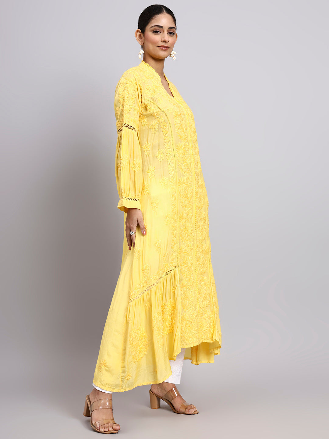 Hand Embroidered Chikankari Muslin Kurta-AL4100 Yellow