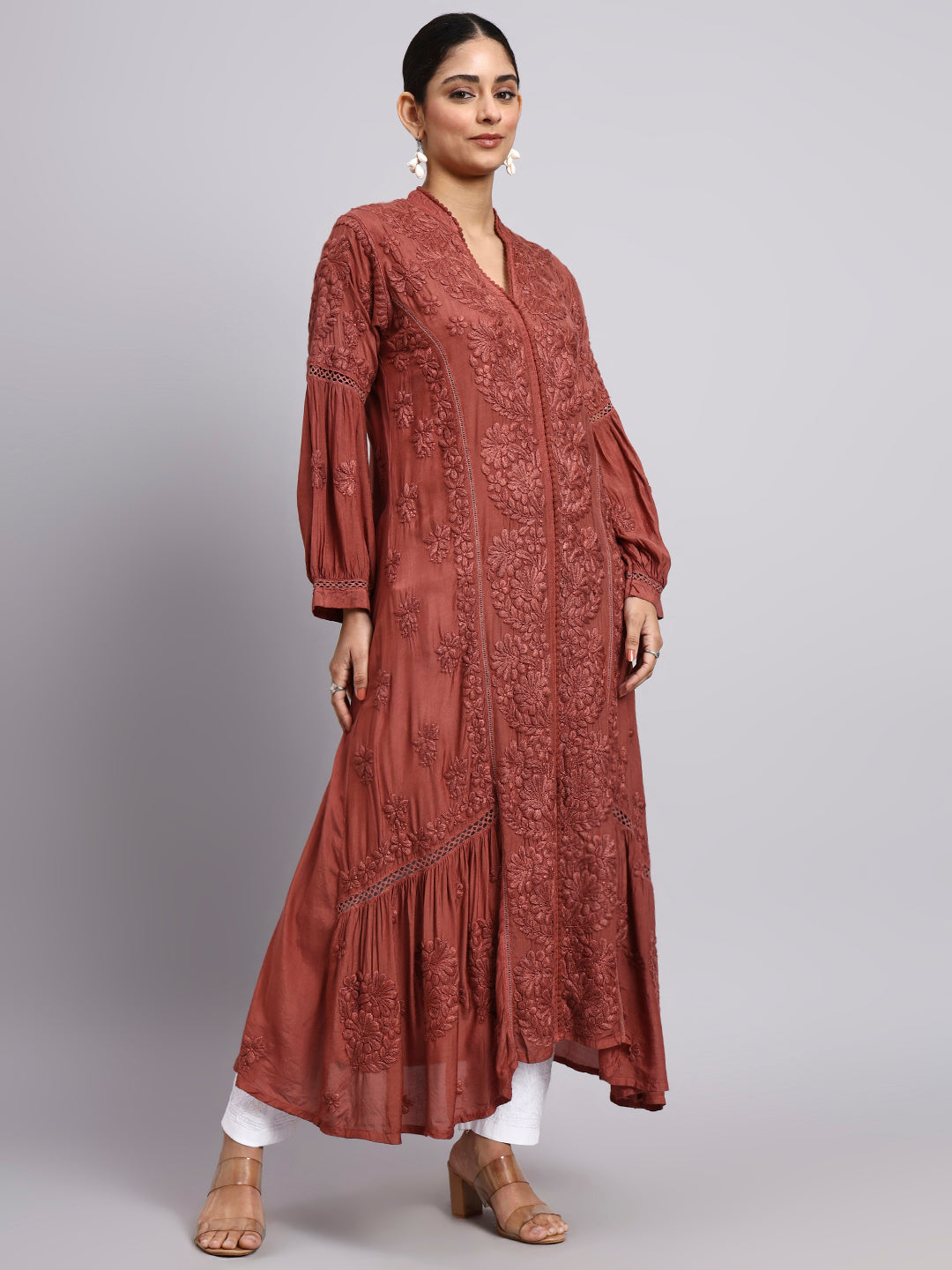 Hand Embroidered Chikankari Muslin Kurta-AL4100 Brown