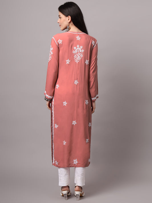 Women Hand Embroidered Chikankari Modal Kurta-AL4059 Rust