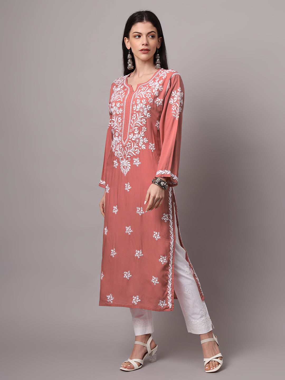 Women Hand Embroidered Chikankari Modal Kurta-AL4059 Rust