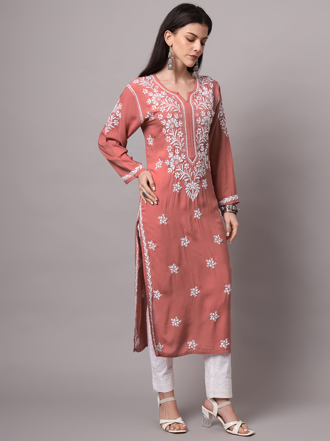 Women Hand Embroidered Chikankari Modal Kurta-AL4059 Rust