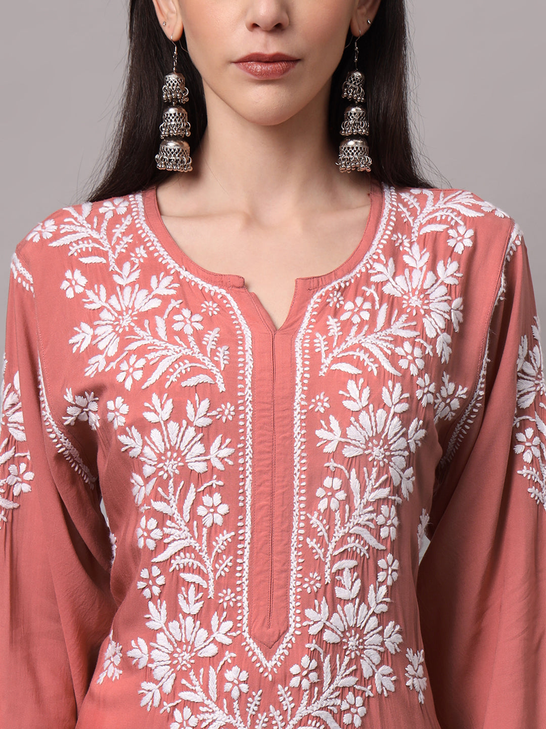 Women Hand Embroidered Chikankari Modal Kurta-AL4059 Rust