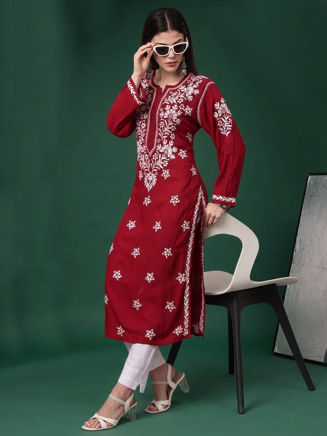 Women Hand Embroidered Modal Chikankari Kurta-AL4059 Red
