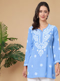 Women Hand Embroidered Modal Chikankari Kurti-AL3611 Powder Blue