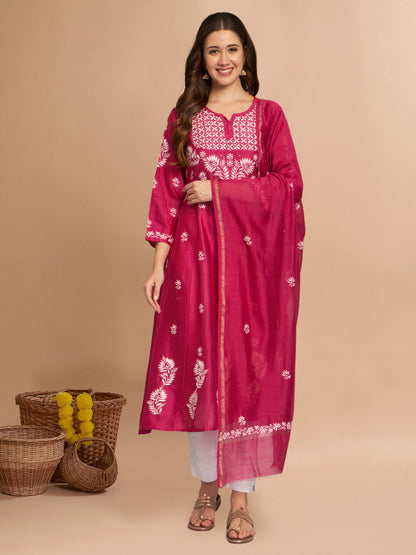 Hand embroidered Chikankari Chanderi Cotton Kurta Set and Dupatta with Mukaish AL3665KS