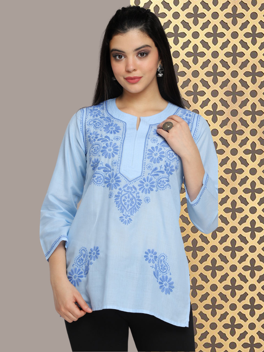 Hand Embroidered Chikankari Cotton Straight Kurti-AL3405 Denim