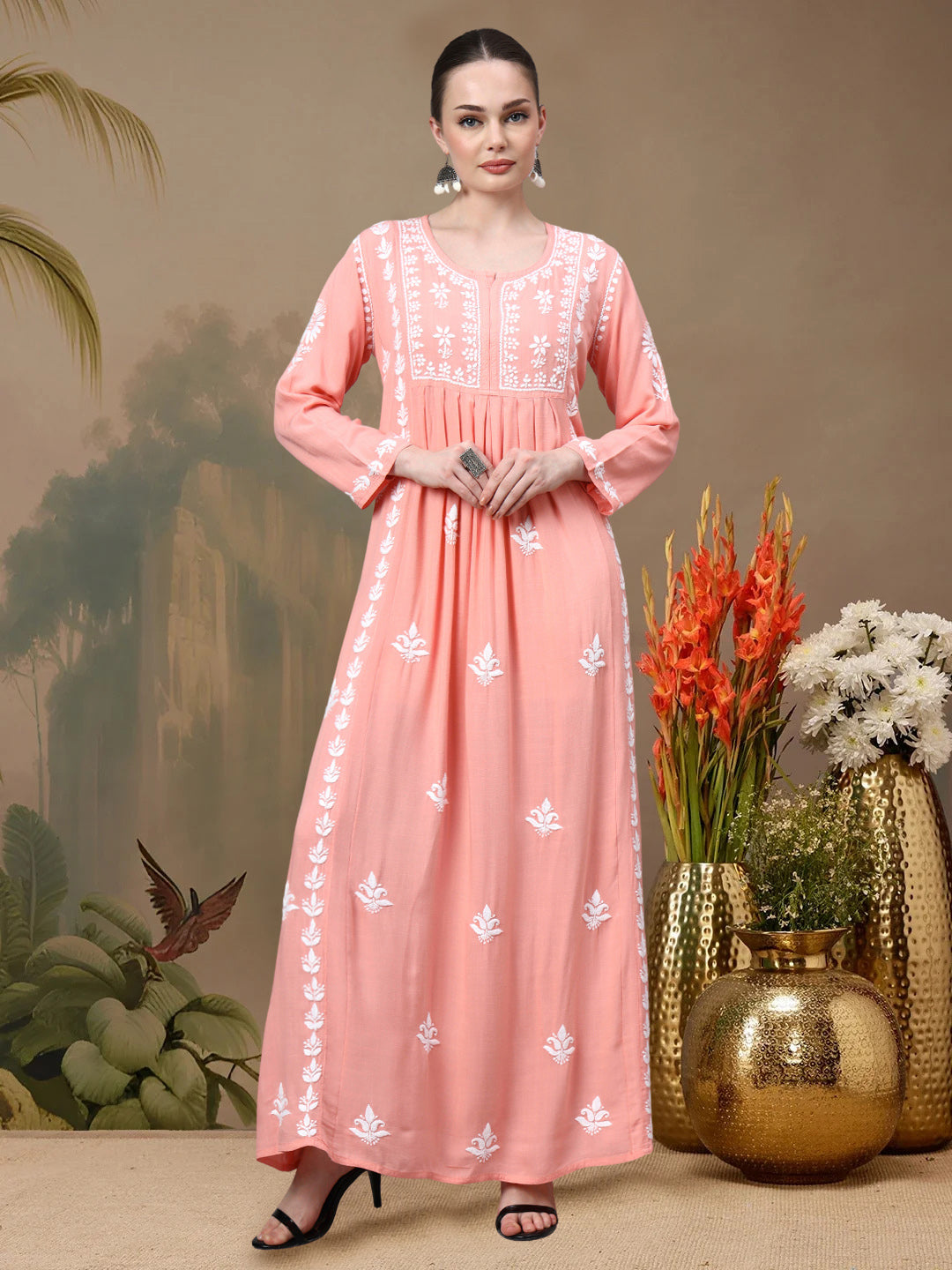 Hand Embroidered Chikankari Rayon Jalabiya-AL4121 Peach