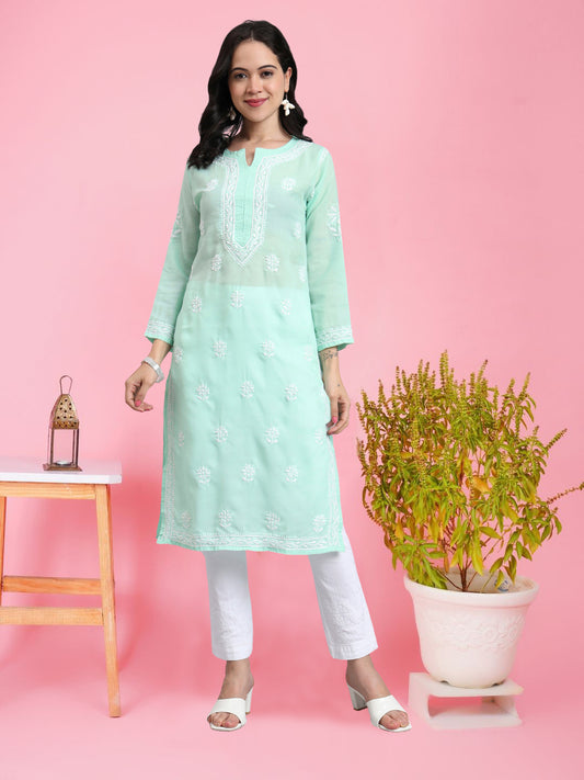 Women Hand Embroidered Chikankari Cotton Kurta-AL3999 Light Green