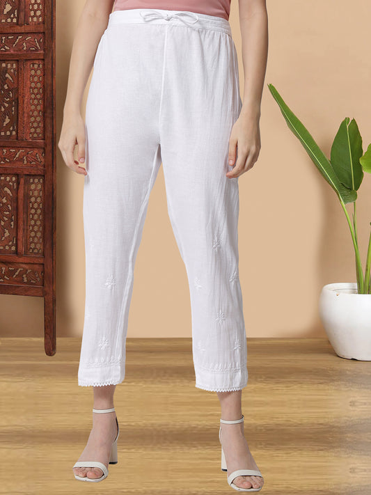 Hand Embroidered Chikankari Women White Pant-AL3539