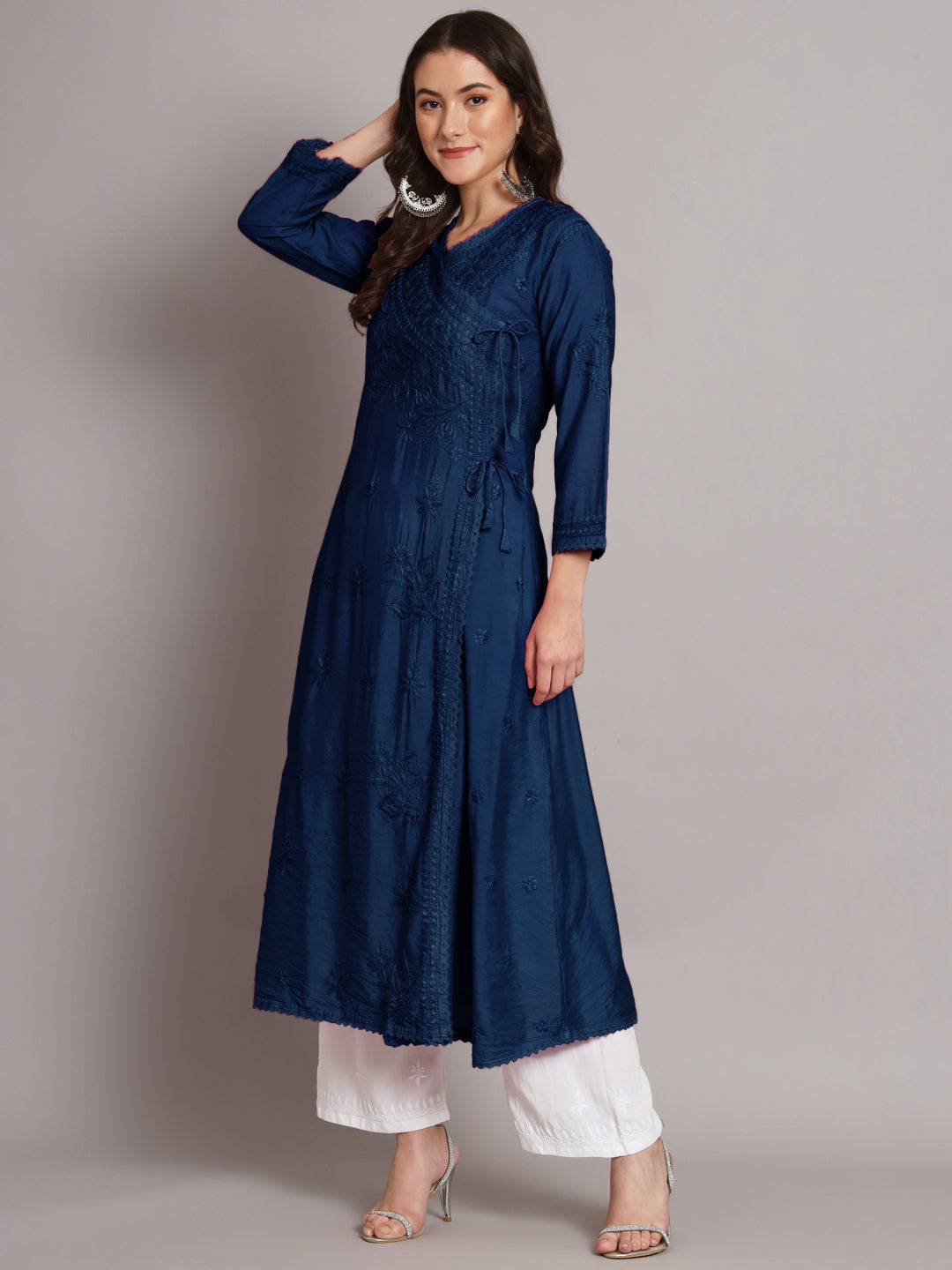 نسائي شيكانكاري مطرز يدويًا Chanderi Angrakha kurta-AL3667