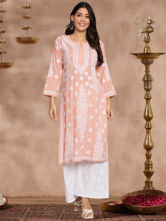 Women Hand Embroidered Chikankari Cotton Straight Kurta-AL3679 Rust