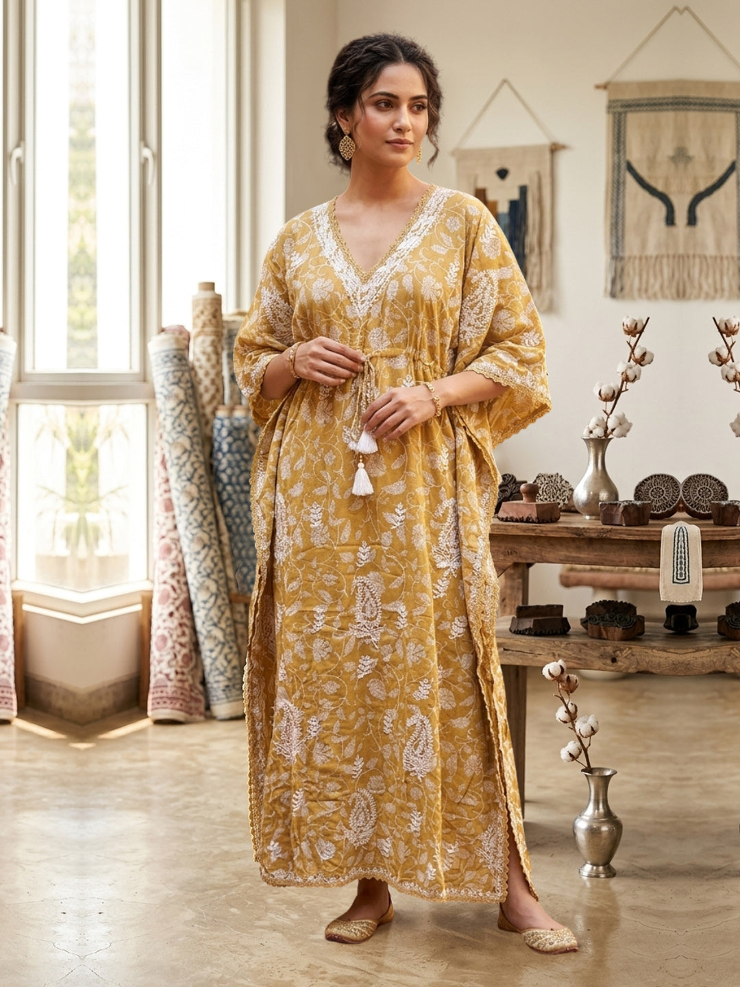 Hand Embroidered Chikankari Cotton Kaftan-AL3833 New Beige