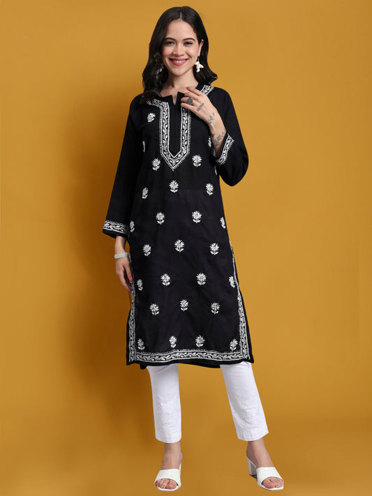 Women Hand Embroidered Chikankari Cotton Kurta-AL3999 Black