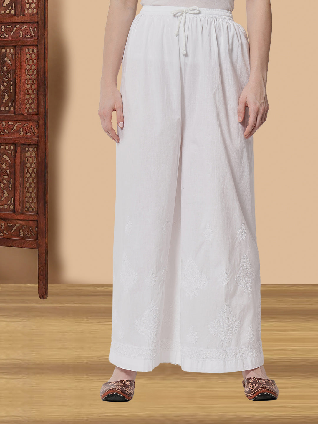 Hand Embroidered Chikankari Women White Pant-AL3570
