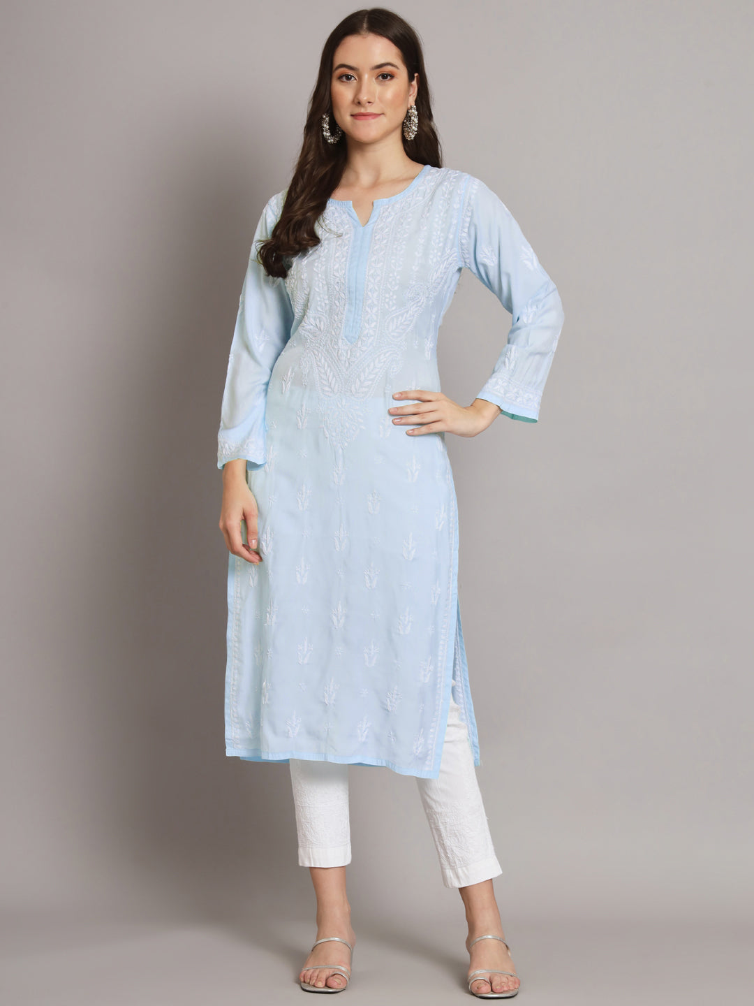 Women Hand Embroidered Chikankari Modal Kurta-AL3584 Skyblue