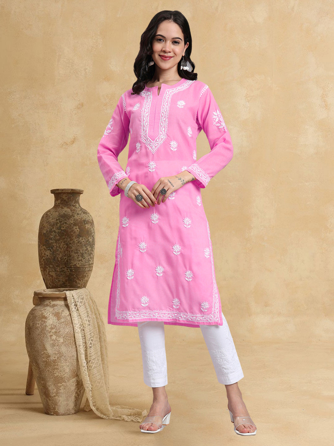 Women Hand Embroidered Chikankari Cotton Kurta-AL3999 Pink