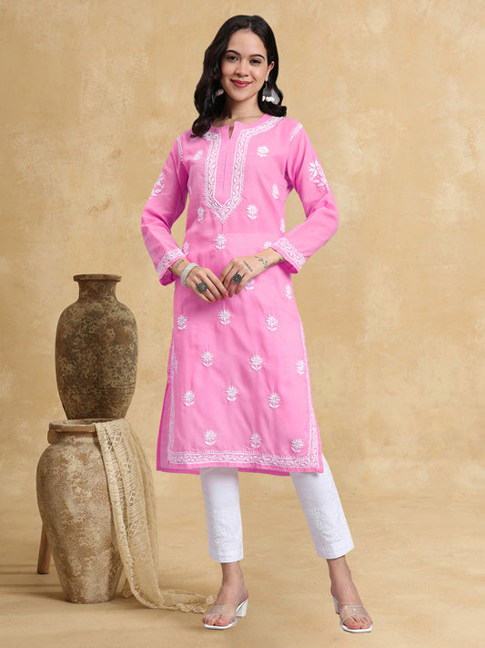 Women Hand Embroidered Chikankari Cotton Kurta-AL3999 Pink