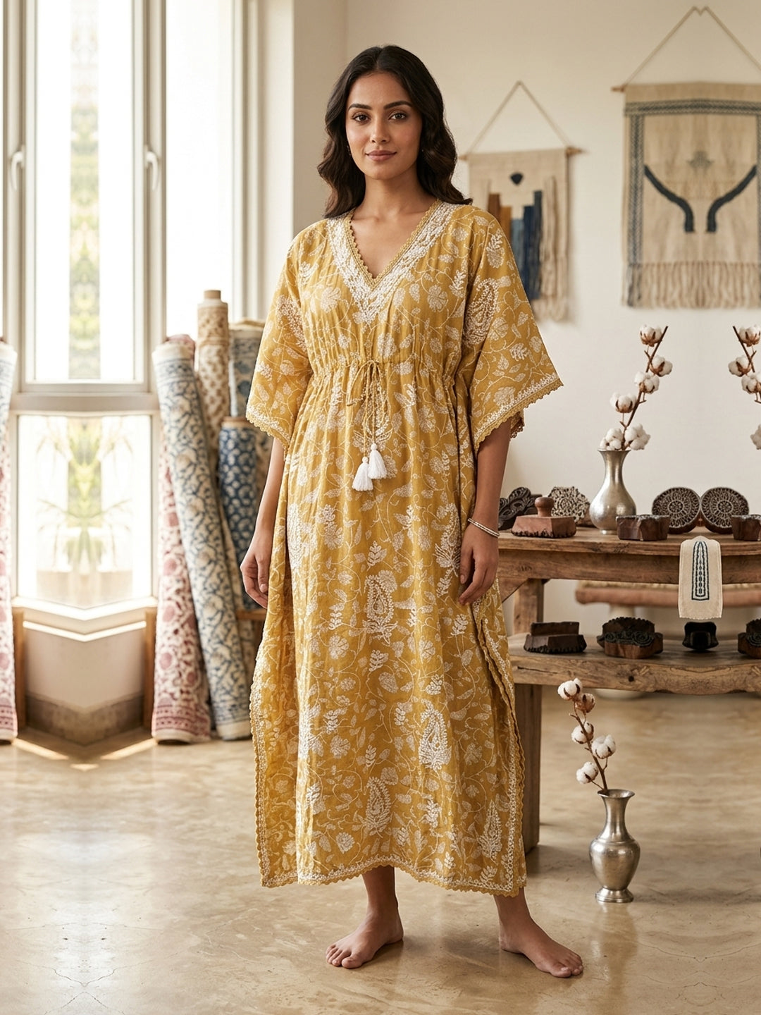 Hand Embroidered Chikankari Cotton Kaftan-AL3833 New Beige
