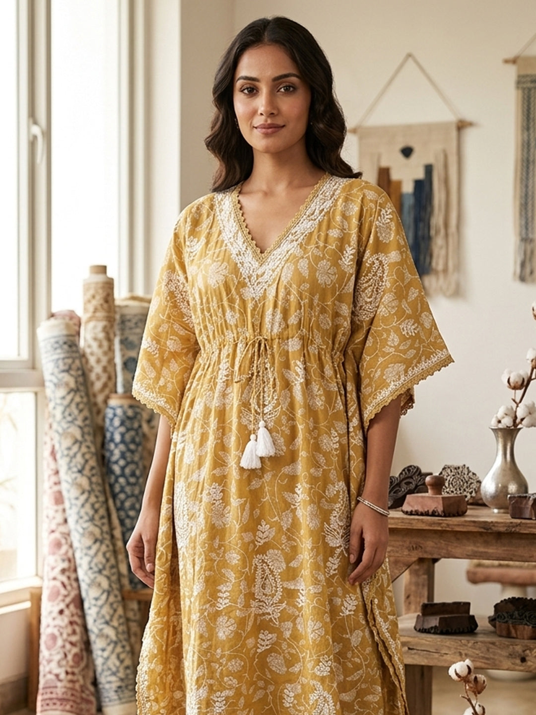 Hand Embroidered Chikankari Cotton Kaftan-AL3833 New Beige