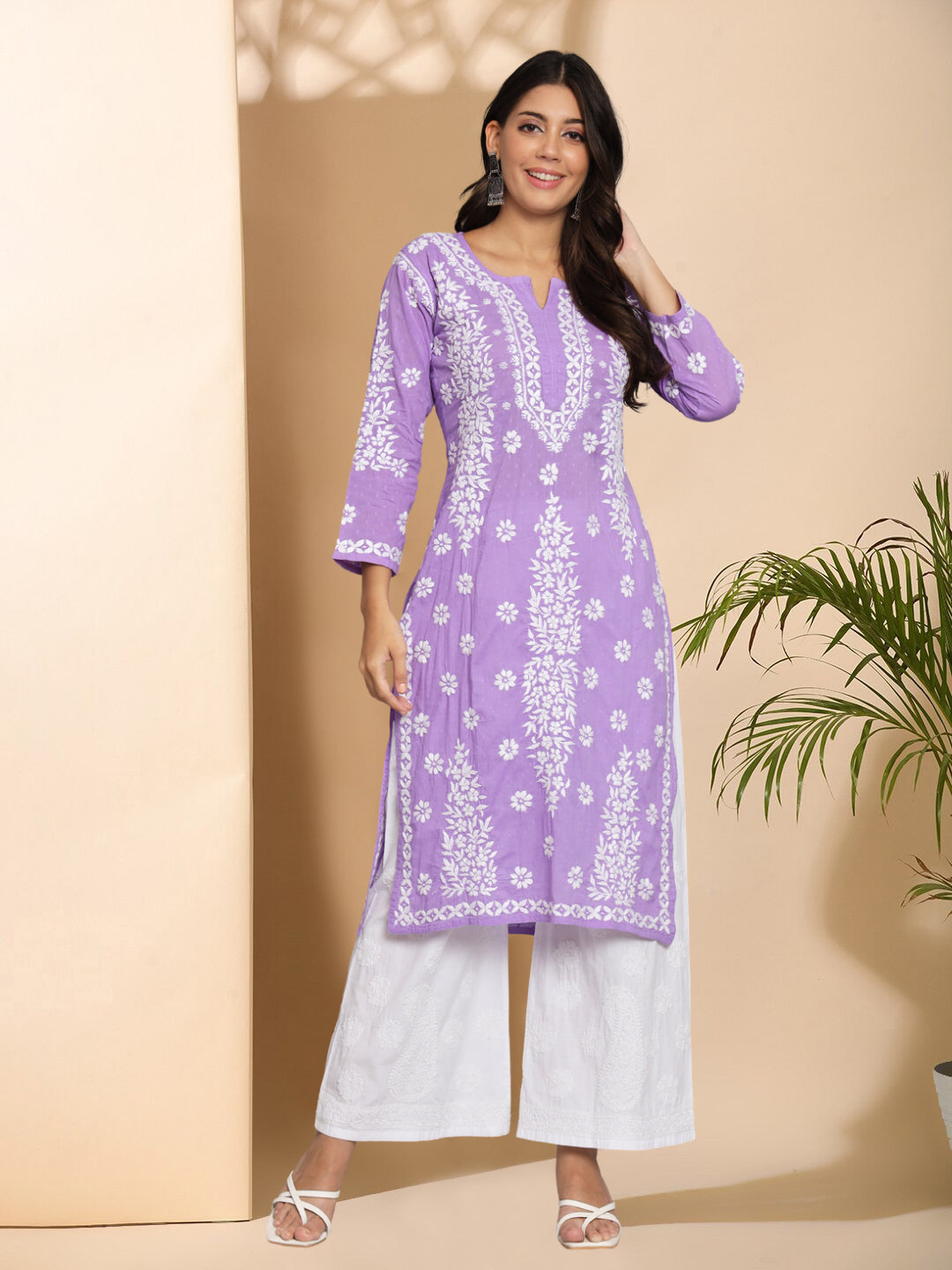 Women Hand Embroidered Chikankari Cotton Straight Kurta-AL3679 Mauve
