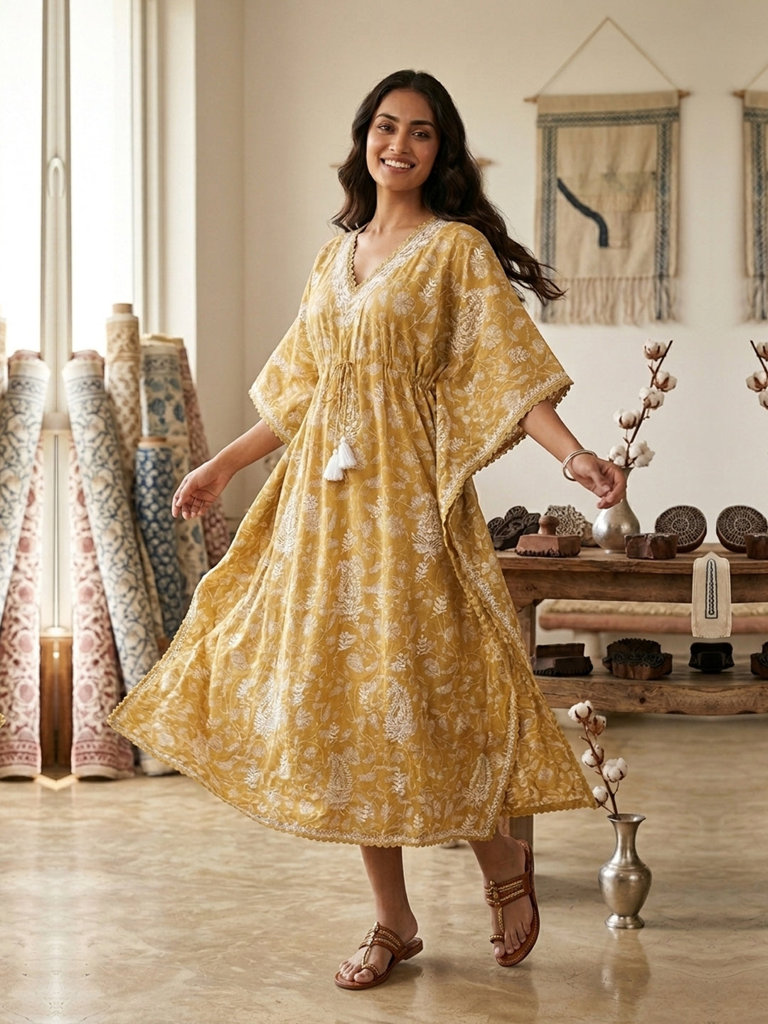 Hand Embroidered Chikankari Cotton Kaftan-AL3833 New Beige