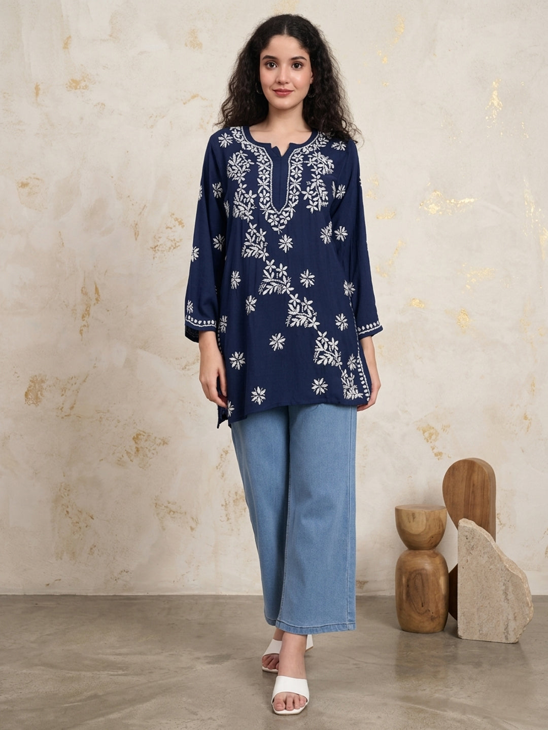 Women Chikankari Hand Embroidered Rayon Kurti -AL4071 Darknavy