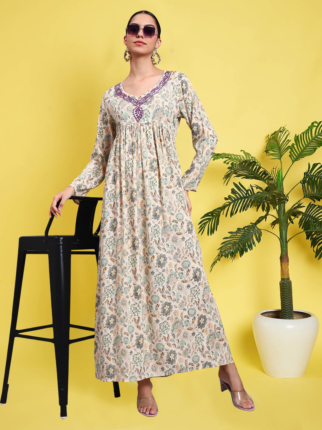 Women's Printed Rayon Jalabiya with Embroidered Neck-AL4067 Mauve