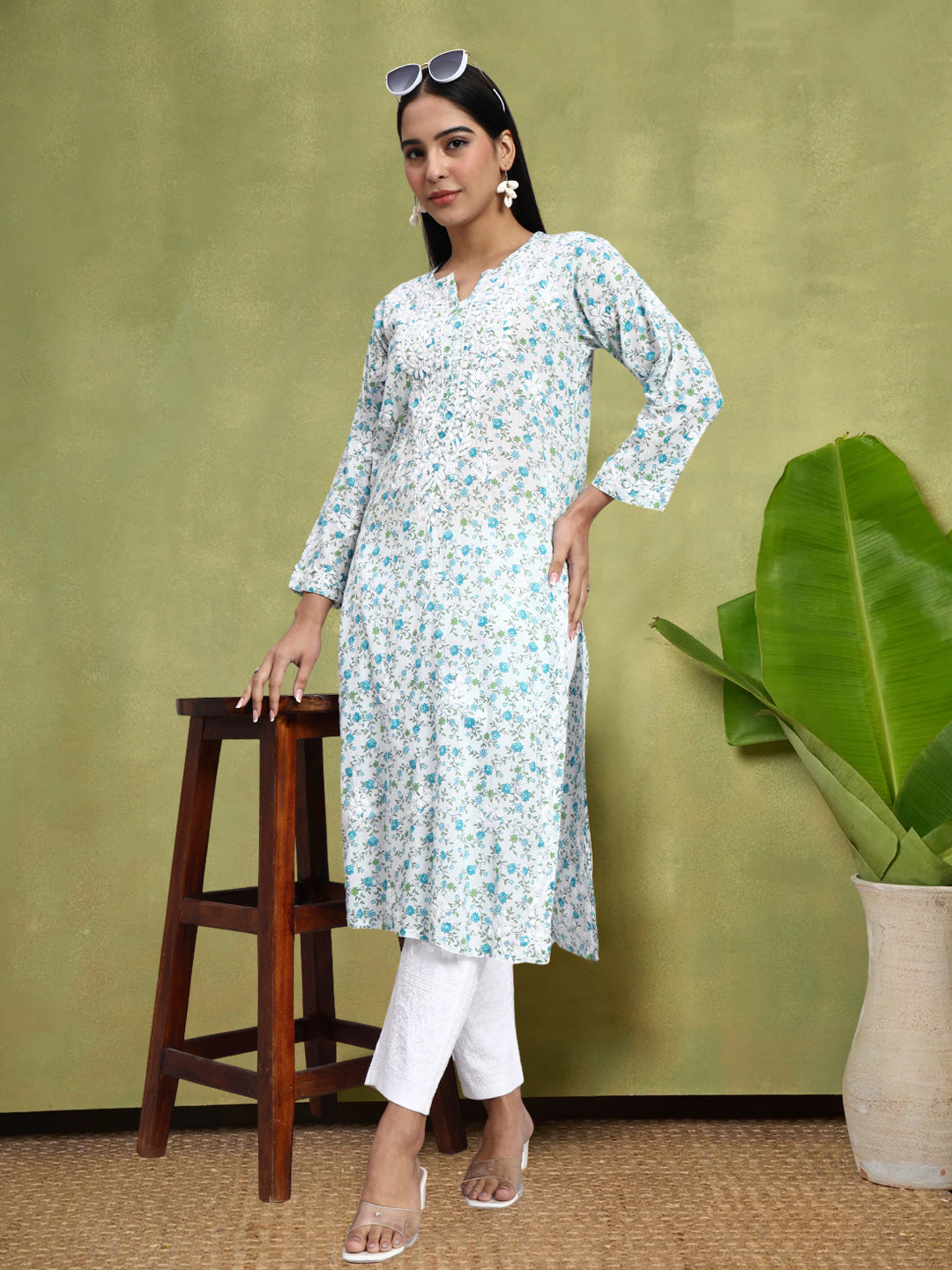 Hand Embroidered Chikankari Cotton Kurta-AL4105 Blue