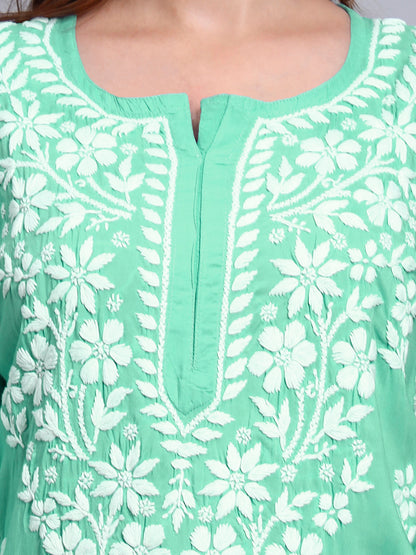 Women Hand Embroidered Chikankari Modal Kurti -AL3702 Lightgreen