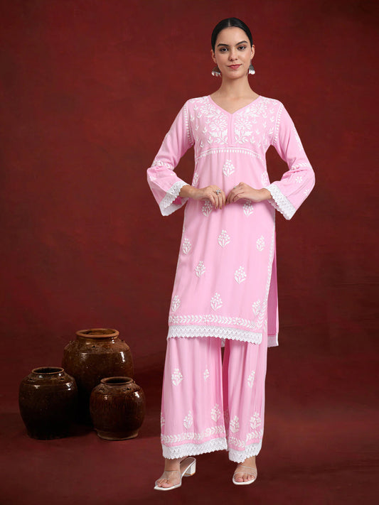 Women Hand Embroidered Lucknowi Chikankari Rayon Kurta Set-AL4077KS Pink
