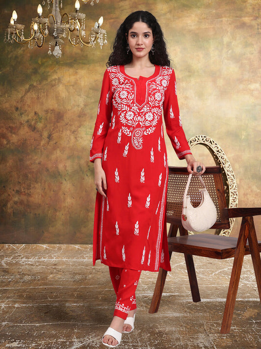 Women Hand Embroidered Chikankari Rayon Kurta set-AL3451KS Redandwhite