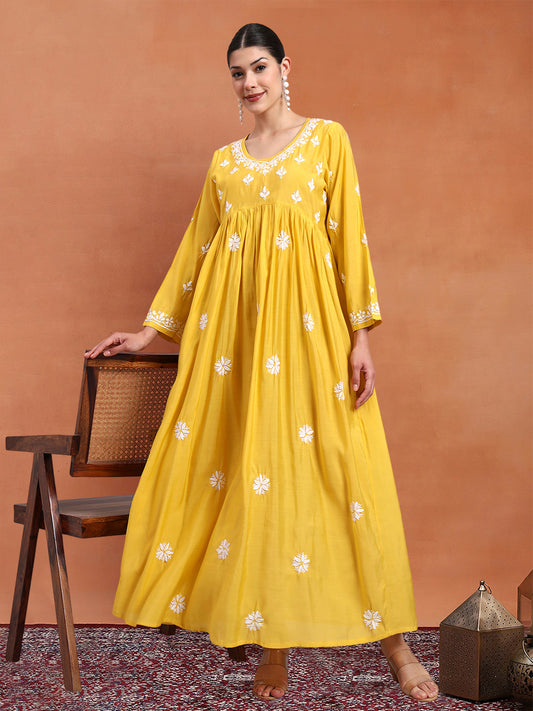 Hand Embroidered Chikankari Chanderi Jalabiya-AL4087 Yellow