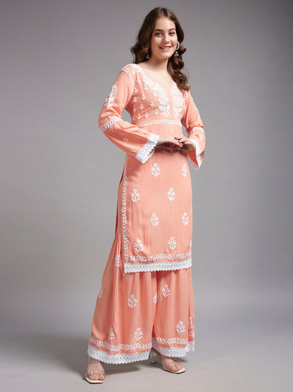 Women Hand Embroidered Lucknowi Chikankari Rayon Kurta Set-AL4077KS Peach