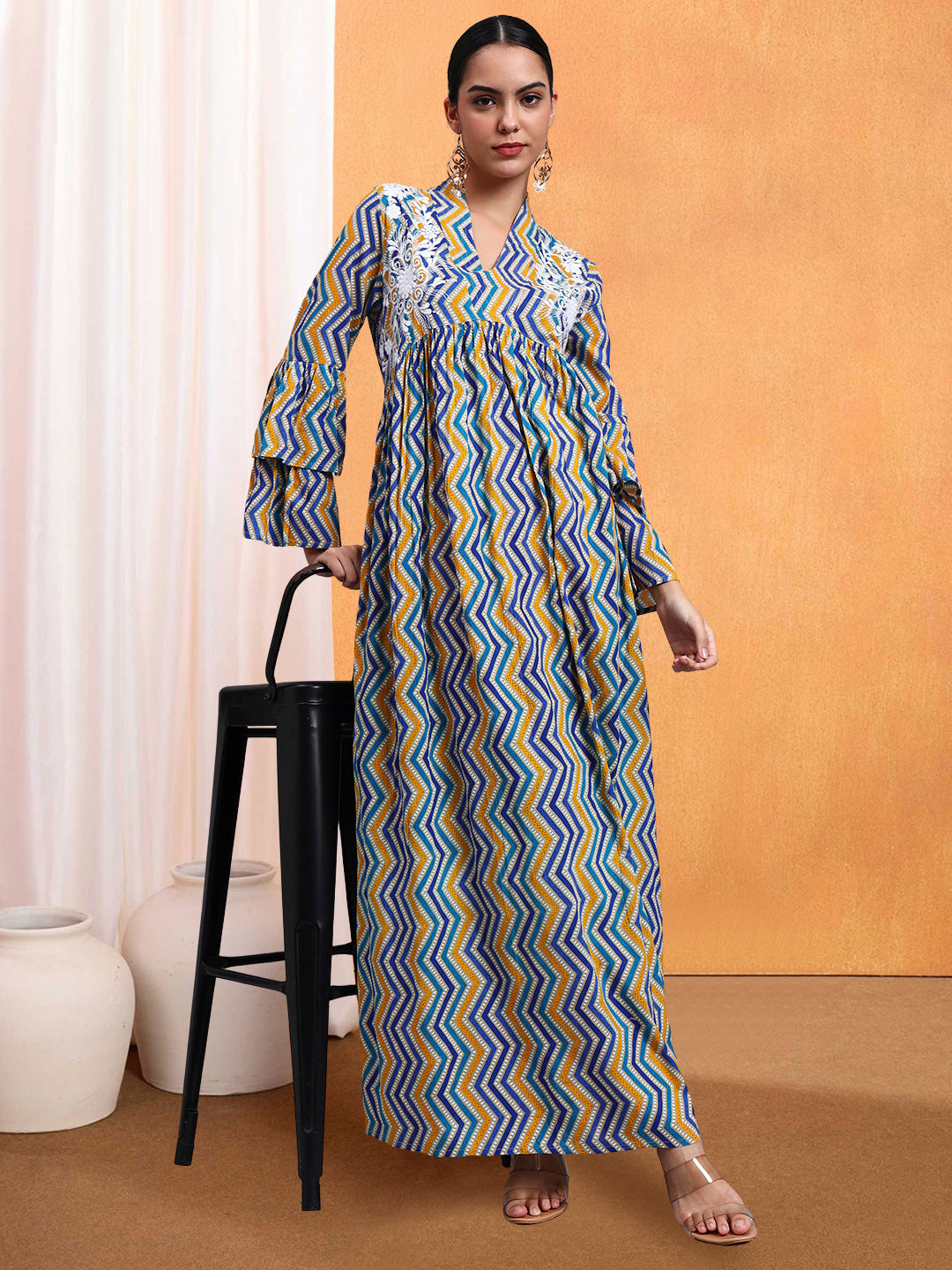 Women Embroided Mul Printed Cotton Jalabiya-AL4098A Blue