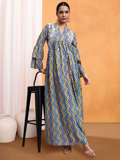 Women Embroided Mul Printed Cotton Jalabiya-AL4098A Blue
