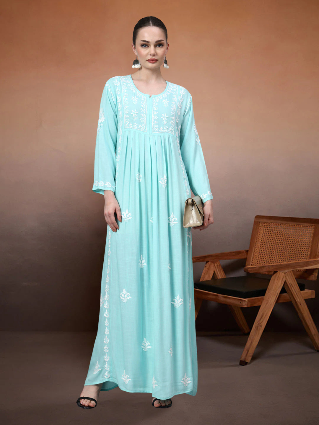 Hand Embroidered Chikankari Rayon Jalabiya-AL4121 Seagreen