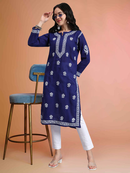 Women Hand Embroidered Chikankari Cotton Kurta-AL3999 Dark Blue