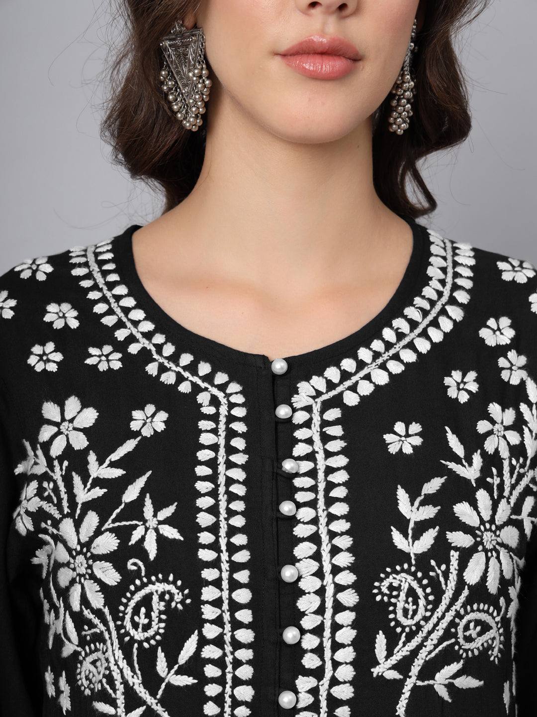 Women Hand Embroidered Chikankari Rayon Kurti with Pockets-AL3696 Black